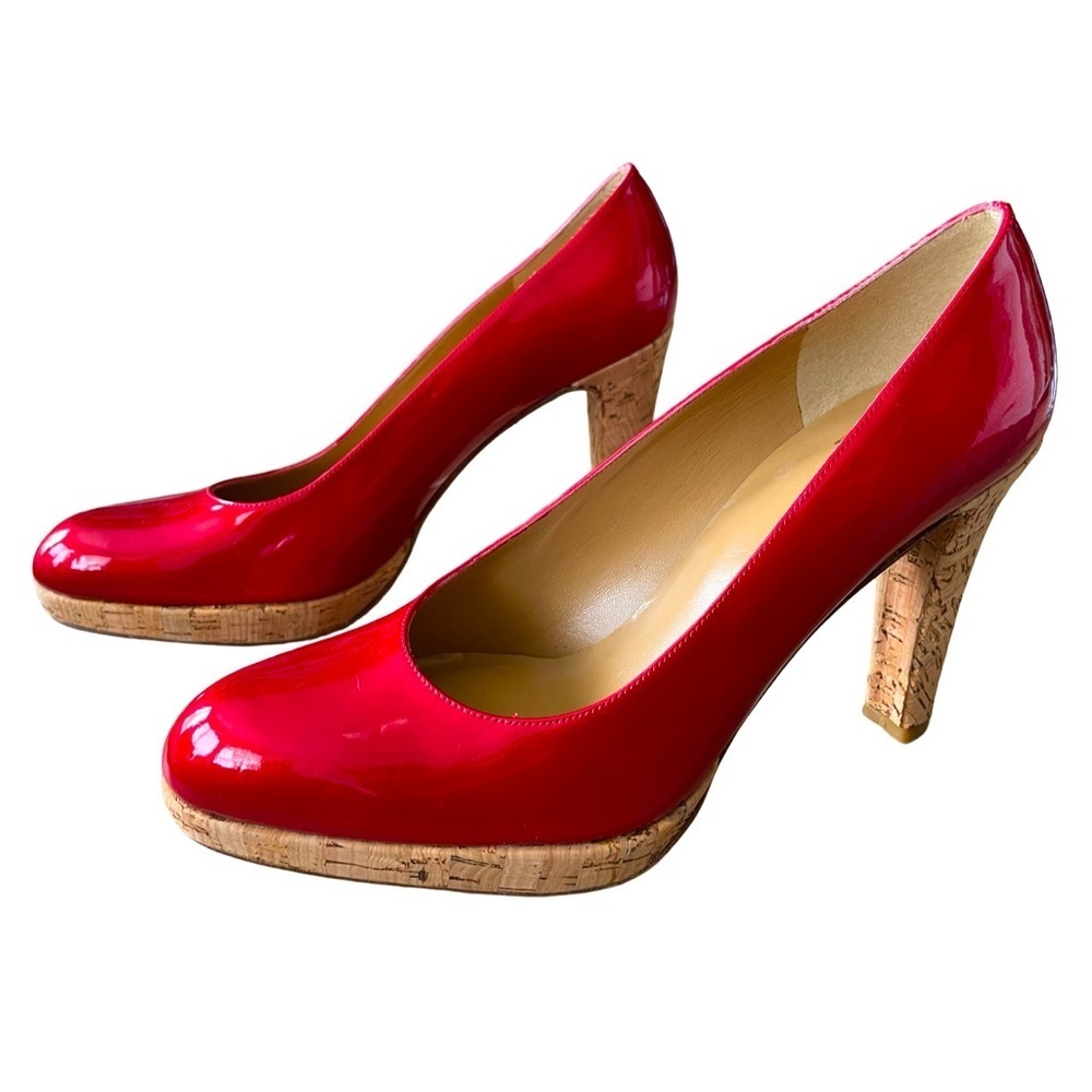 Stuart Weitzman Cherry Red Patent Leather High Heel Cork Platform Pumps Size 9